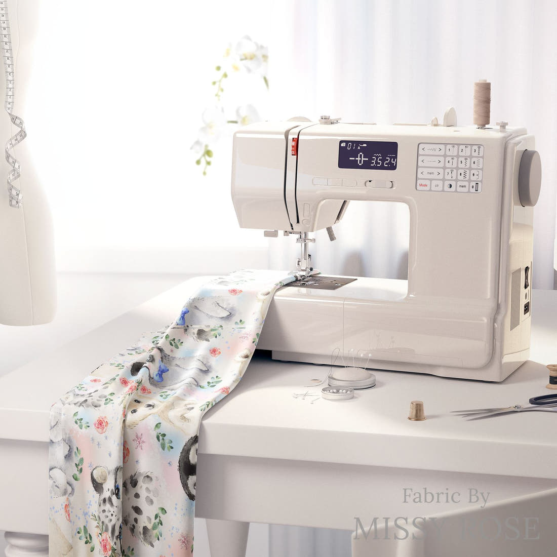 Design 421 Snow Animals Fabric on a sewing machine – premium fabric for sewing projects | Fabric by Missy Rose