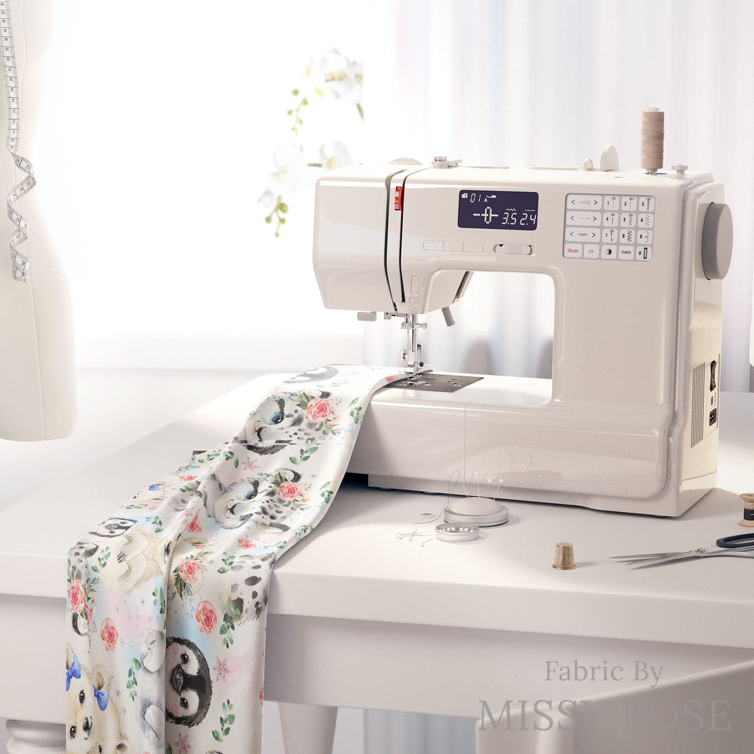 Design 421 Snow Animals Fabric on a sewing machine – premium fabric for sewing projects | Fabric by Missy Rose