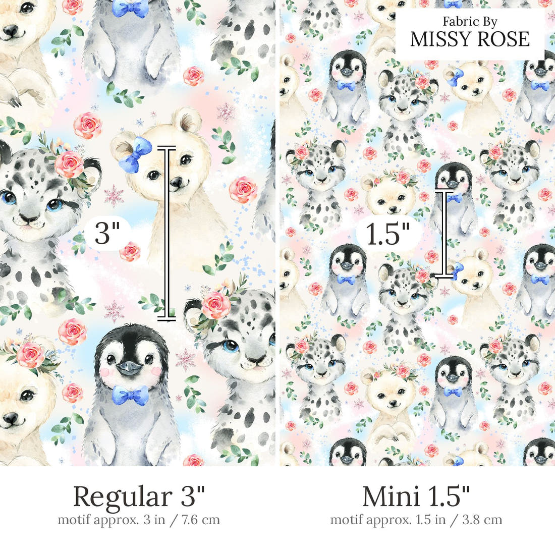 Design 421 Snow Animals Fabric Regular 3 inch vs Mini 1.5 inch print scale side by side | Fabric by Missy Rose