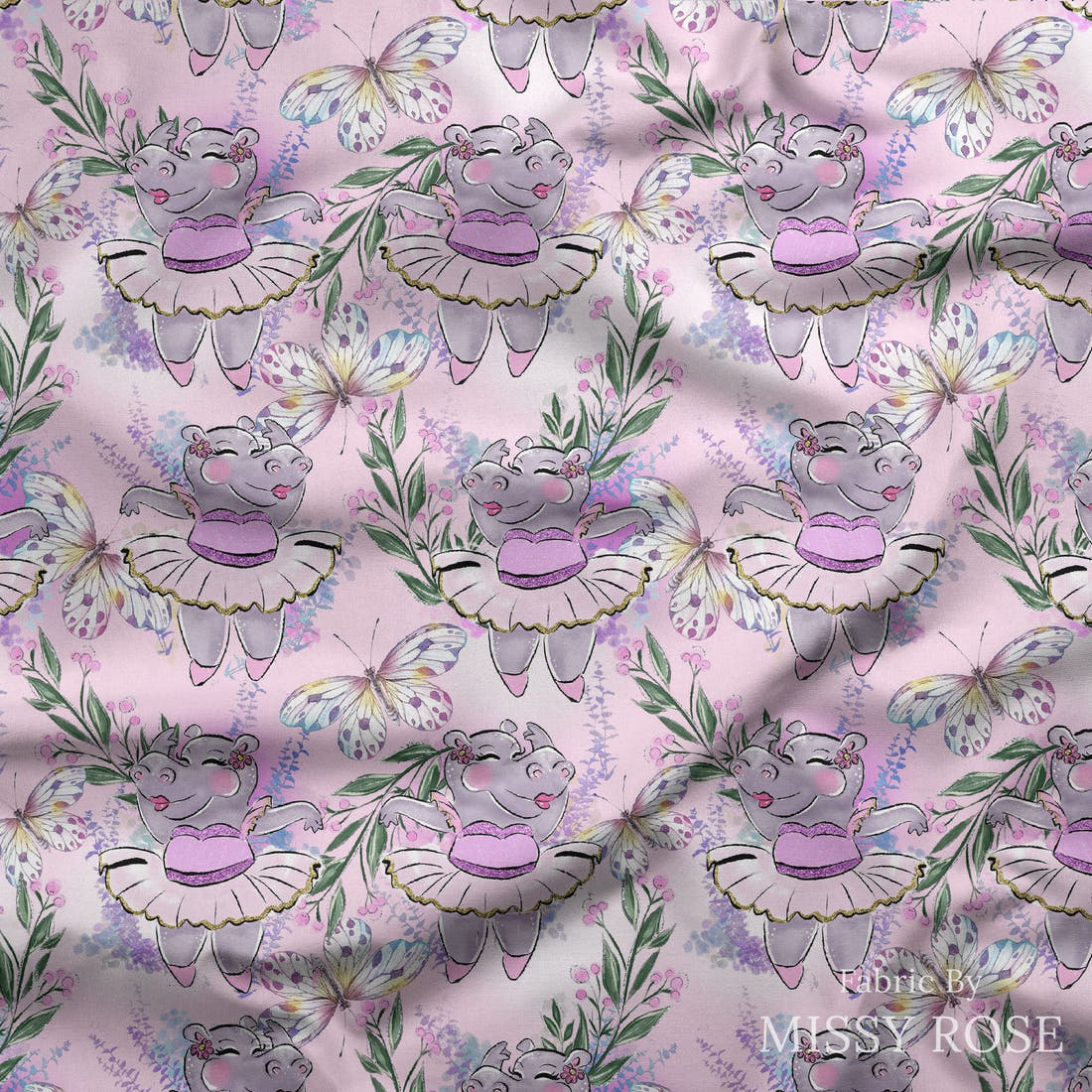 Design 422 Hippo Fabric draped fabric mockup – custom printed fabric by the metre | Fabric by Missy Rose