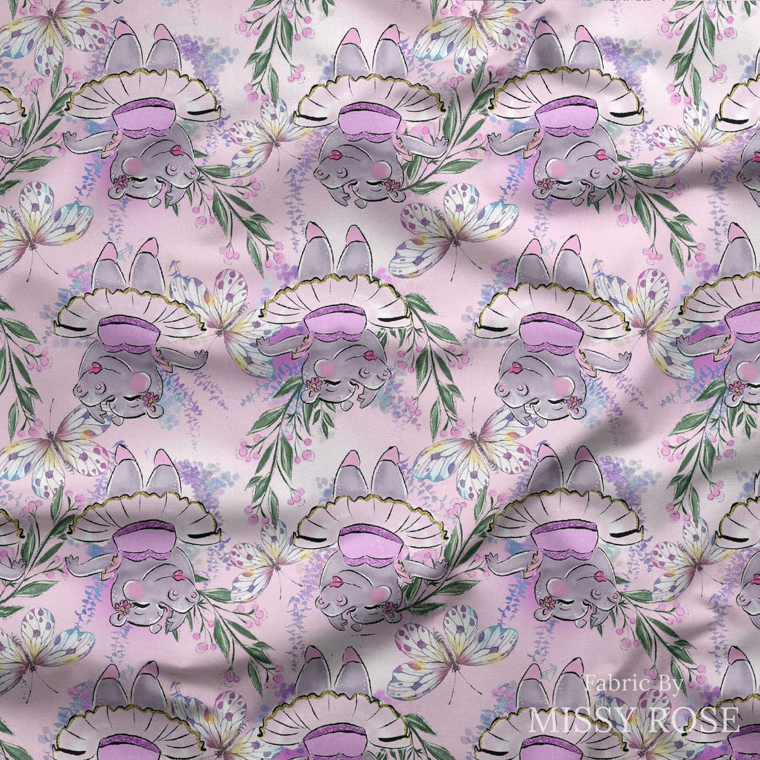 Design 422 Hippo Fabric draped fabric mockup – custom printed fabric by the metre | Fabric by Missy Rose