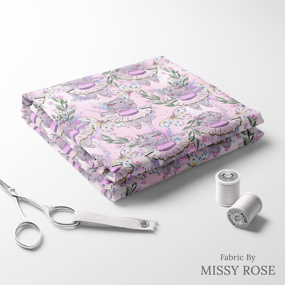 Design 422 Hippo Fabric folded fabric stack with matching thread – pre-order fabric Australia | Fabric by Missy Rose