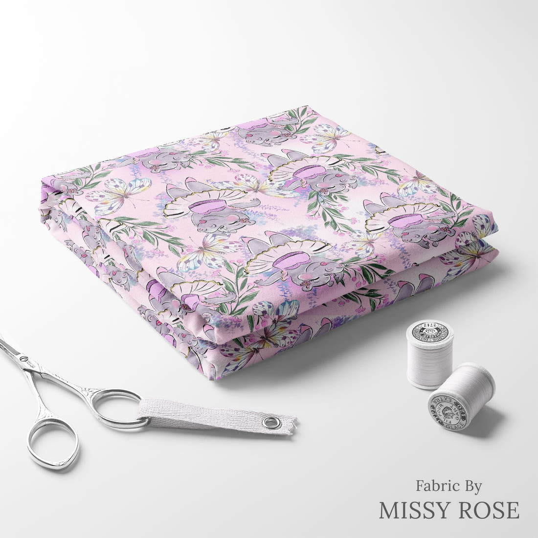 Design 422 Hippo Fabric folded fabric stack with matching thread – pre-order fabric Australia | Fabric by Missy Rose
