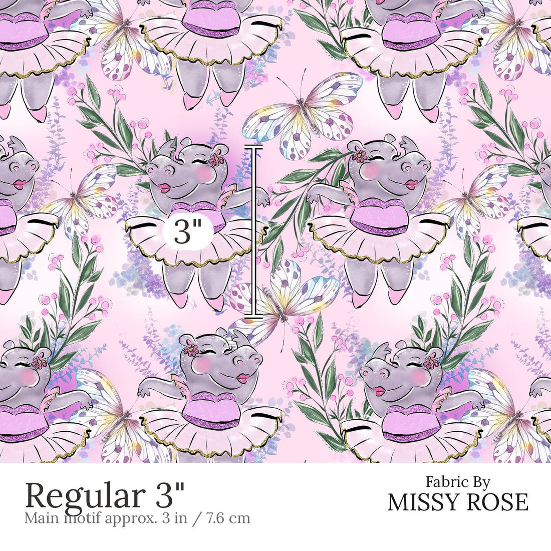 Design 422 Hippo Fabric Regular 3 inch print scale guide | Fabric by Missy Rose