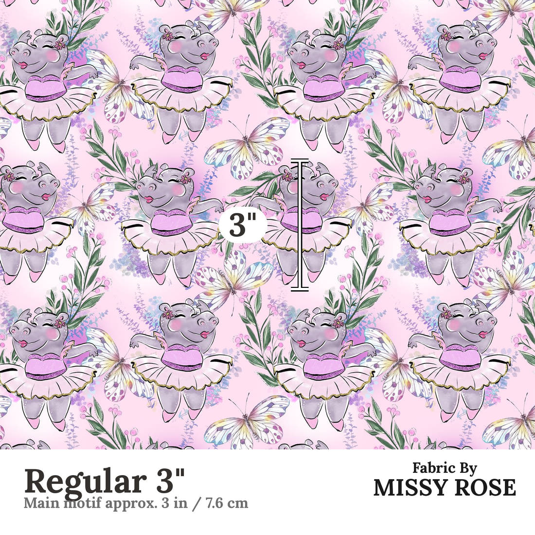 Design 422 Hippo Fabric Regular 3" - print scale | Fabric by Missy Rose