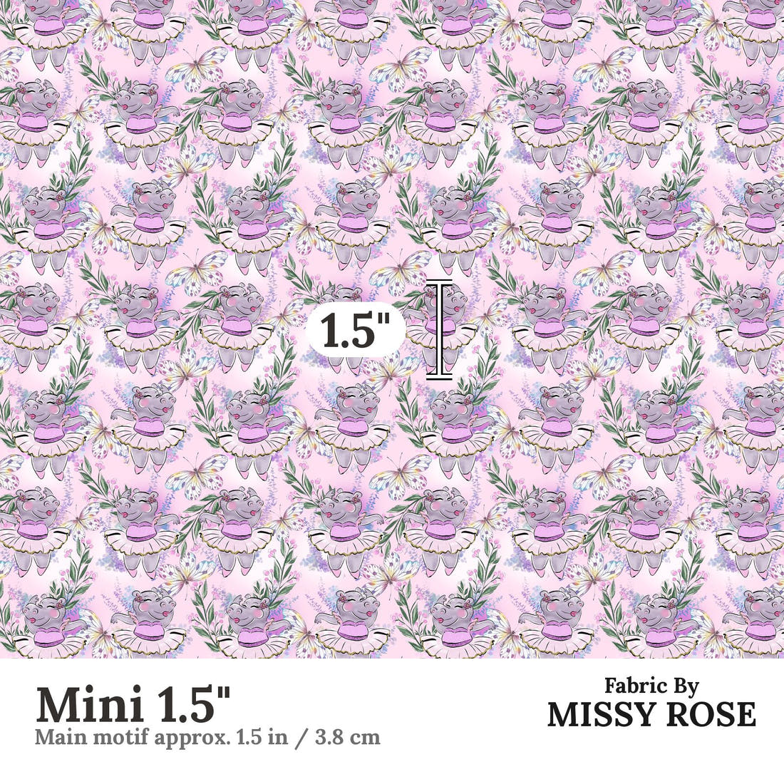 Design 422 Hippo Fabric Mini 1.5" - print scale | Fabric by Missy Rose