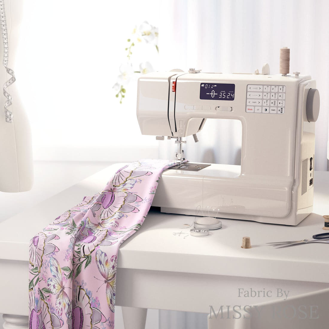 Design 422 Hippo Fabric on a sewing machine – premium fabric for sewing projects | Fabric by Missy Rose