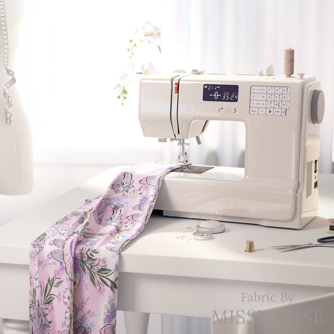 Design 422 Hippo Fabric on a sewing machine – premium fabric for sewing projects | Fabric by Missy Rose