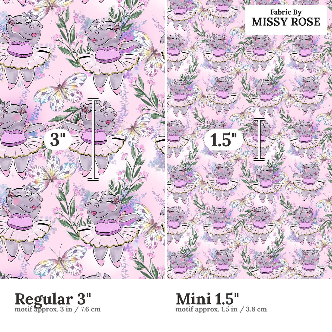 Design 422 Hippo Fabric size comparison - print scale | Fabric by Missy Rose