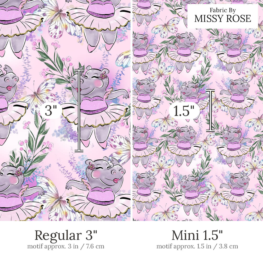Design 422 Hippo Fabric Regular 3 inch vs Mini 1.5 inch print scale side by side | Fabric by Missy Rose