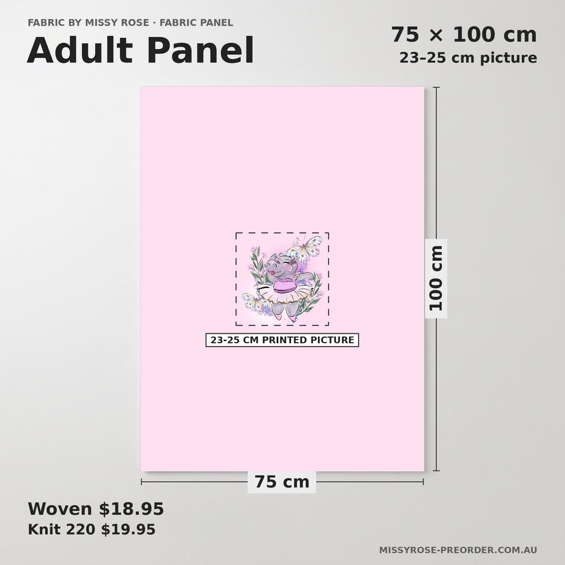 Design 422 Hippo Panel adult panel sizing – 23–25 cm printed picture on 75 × 100 cm fabric | Fabric by Missy Rose