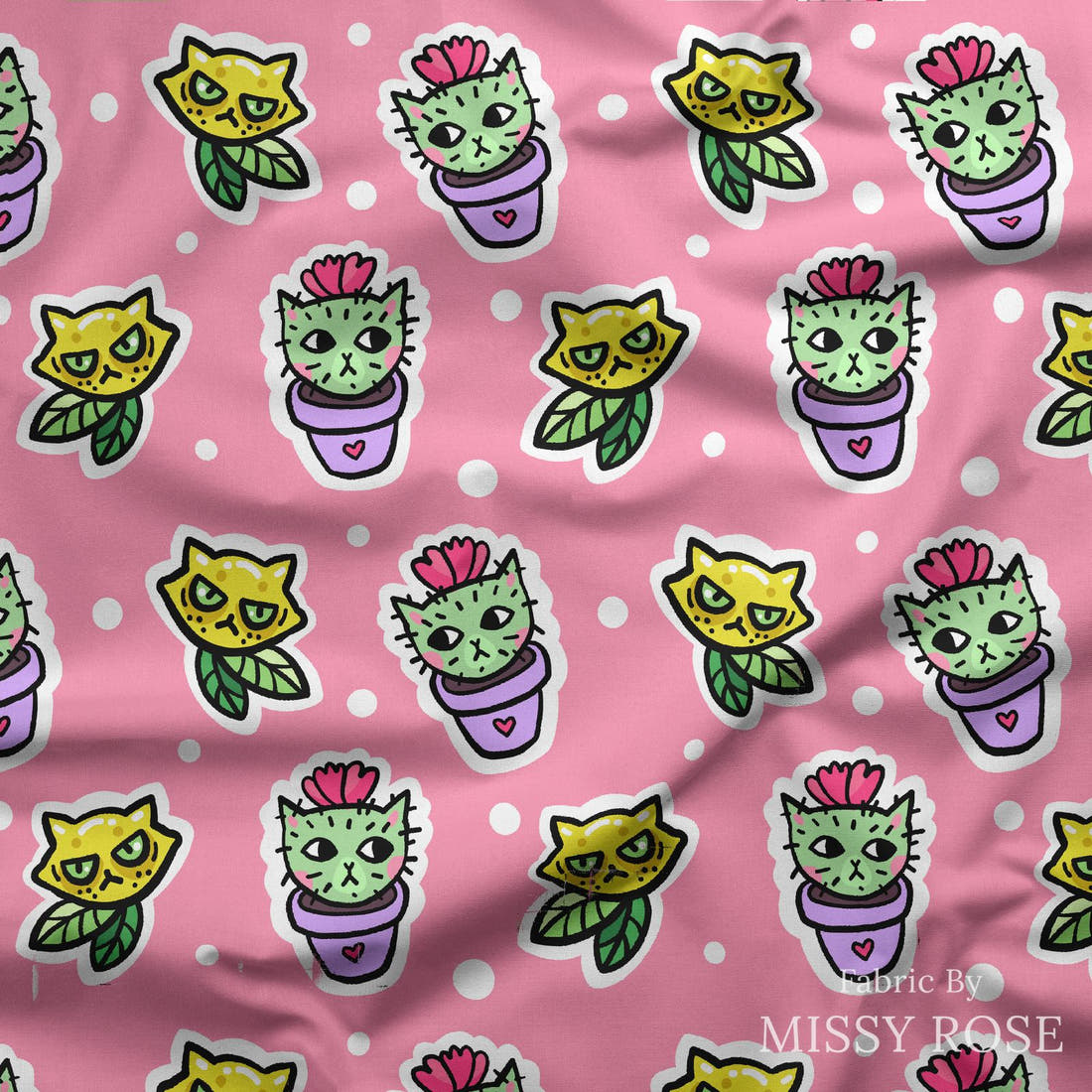 Design 423 Cactus Cat Fabric draped fabric mockup – custom printed fabric by the metre | Fabric by Missy Rose