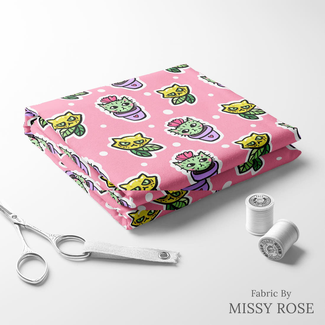 Design 423 Cactus Cat Fabric folded fabric stack with matching thread – pre-order fabric Australia | Fabric by Missy Rose