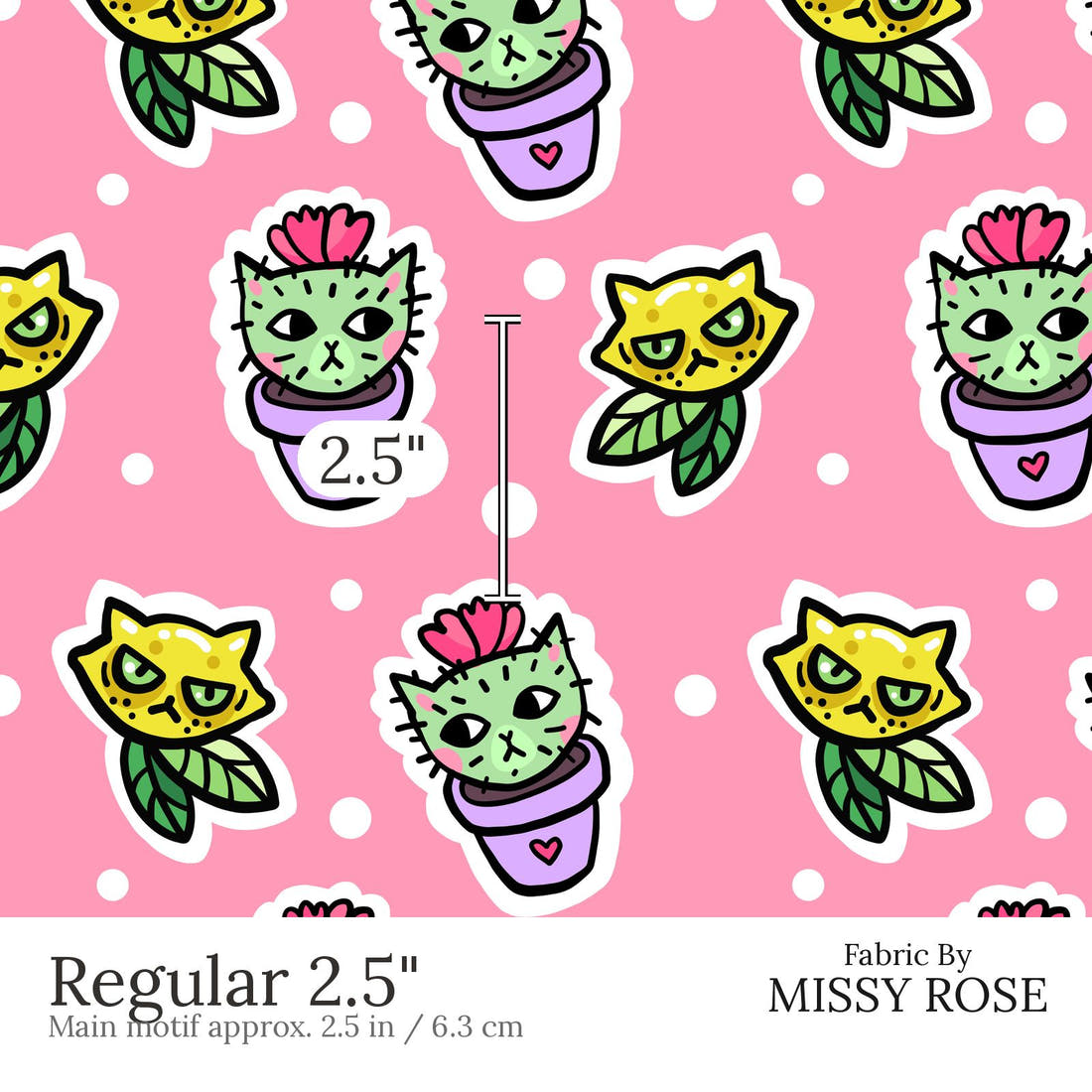 Design 423 Cactus Cat Fabric Regular 2.5 inch print scale guide | Fabric by Missy Rose