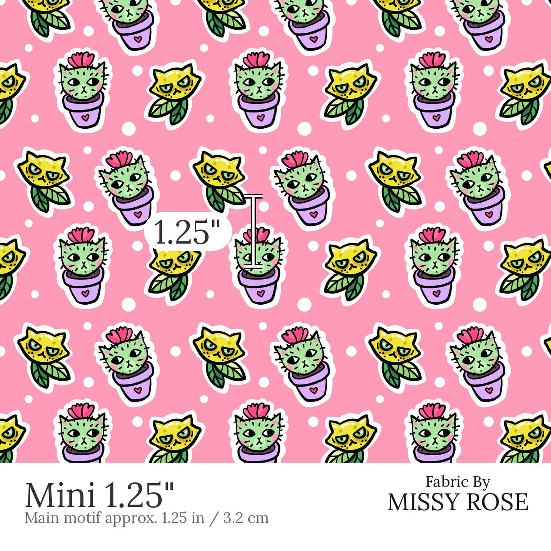 Design 423 Cactus Cat Fabric Mini 1.25 inch print scale guide | Fabric by Missy Rose