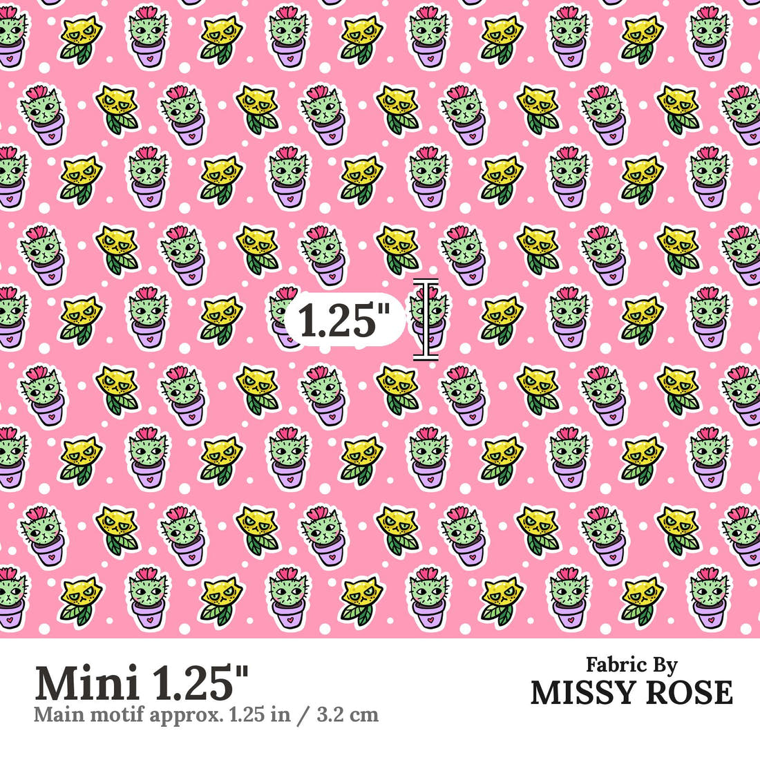 Design 423 Cactus Cat Fabric Mini 1.25" - print scale | Fabric by Missy Rose