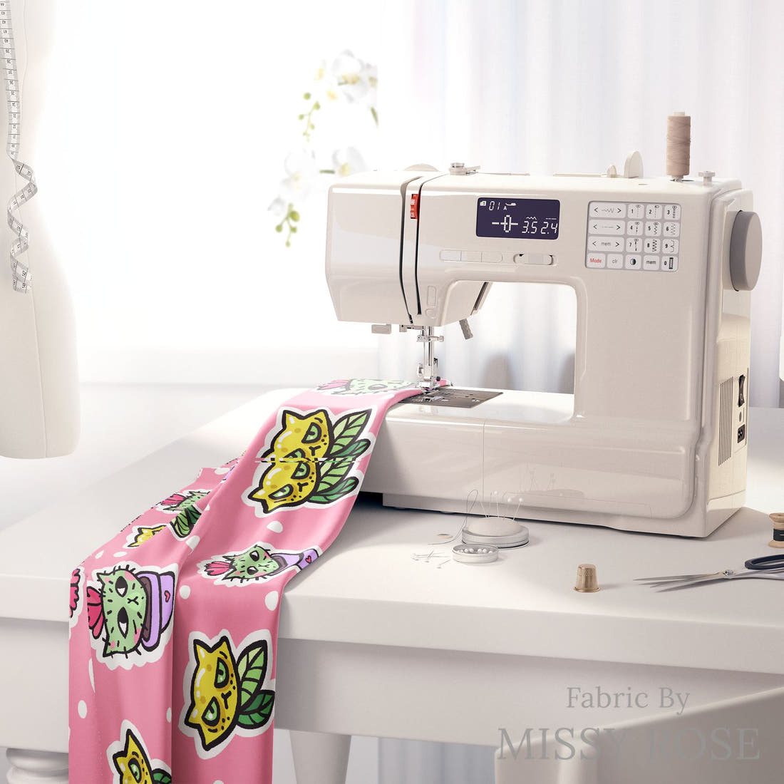 Design 423 Cactus Cat Fabric on a sewing machine – premium fabric for sewing projects | Fabric by Missy Rose