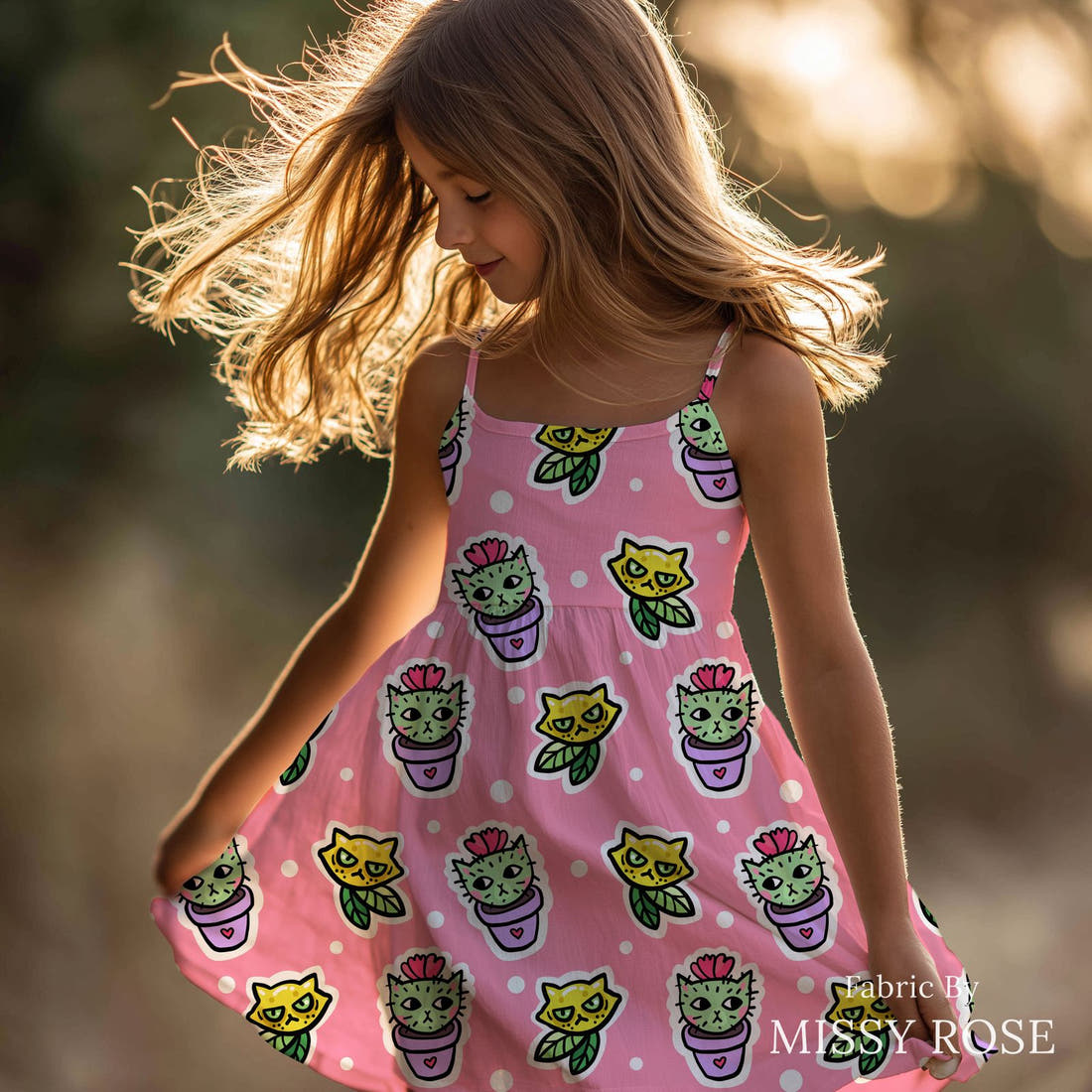 Design 423 Cactus Cat Fabric sewn into a girls' dress – see how the print looks made up | Fabric by Missy Rose