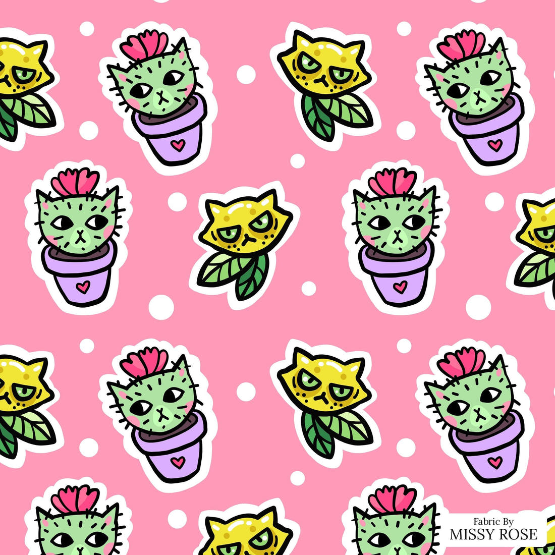 Design 423 Cactus Cat Fabric - flat view of the print, zoom in for detail | Fabric by Missy Rose