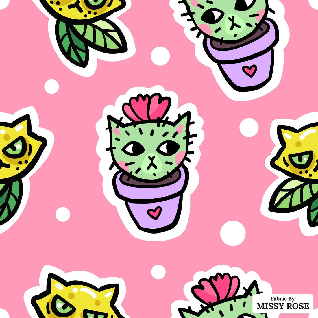 Design 423 Cactus Cat Fabric - flat view of the print, zoom in for detail | Fabric by Missy Rose
