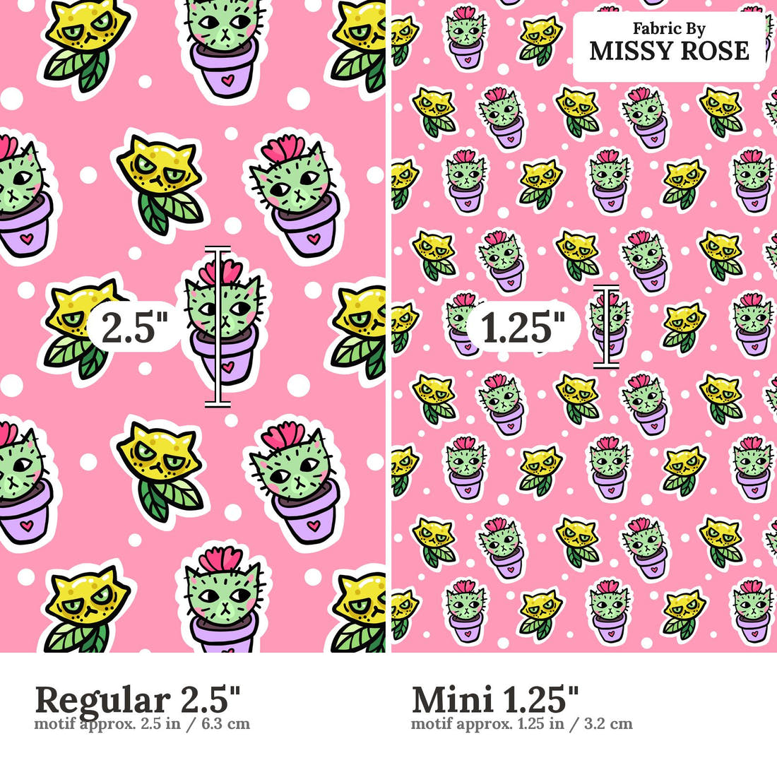 Design 423 Cactus Cat Fabric size comparison - print scale | Fabric by Missy Rose