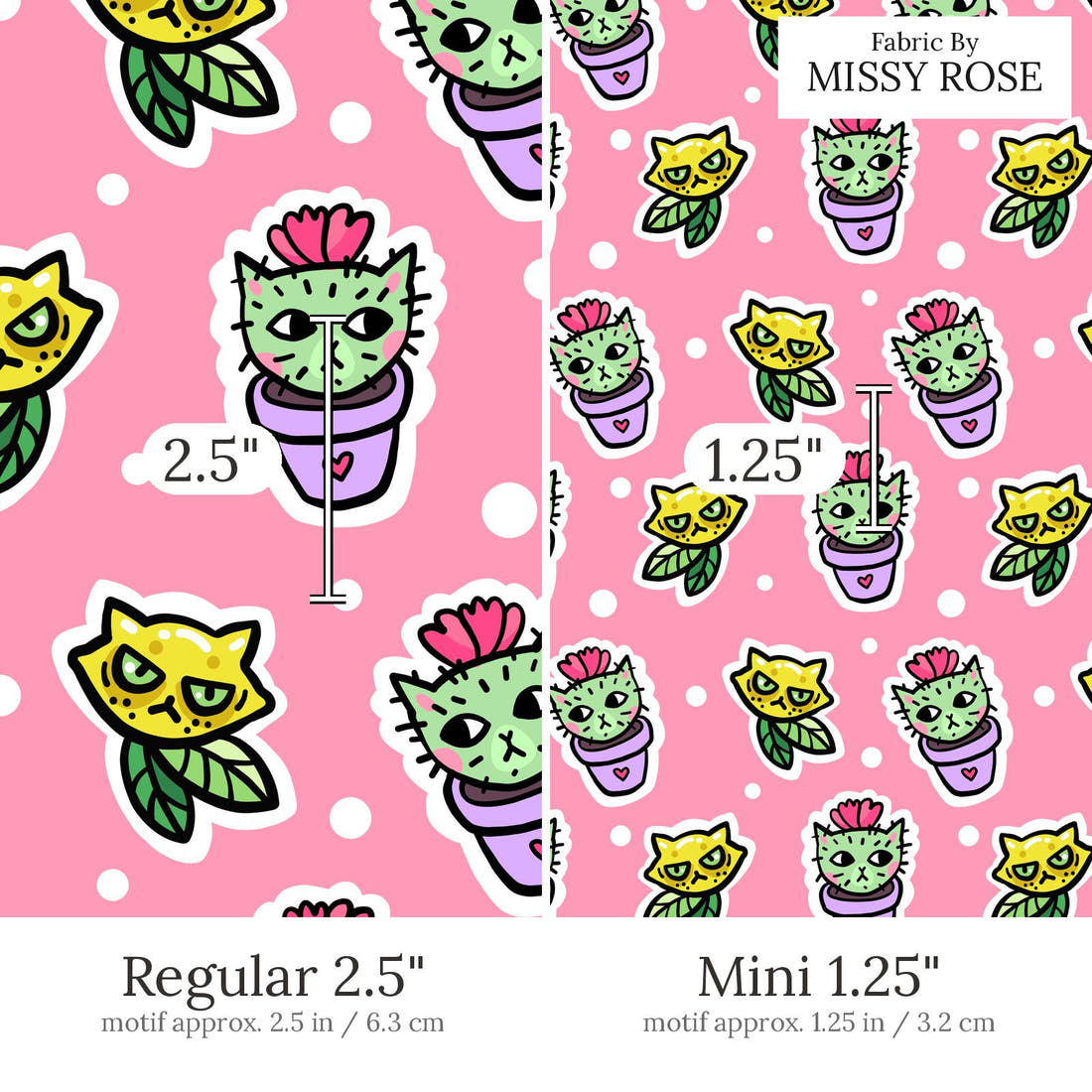 Design 423 Cactus Cat Fabric Regular 2.5 inch vs Mini 1.25 inch print scale side by side | Fabric by Missy Rose