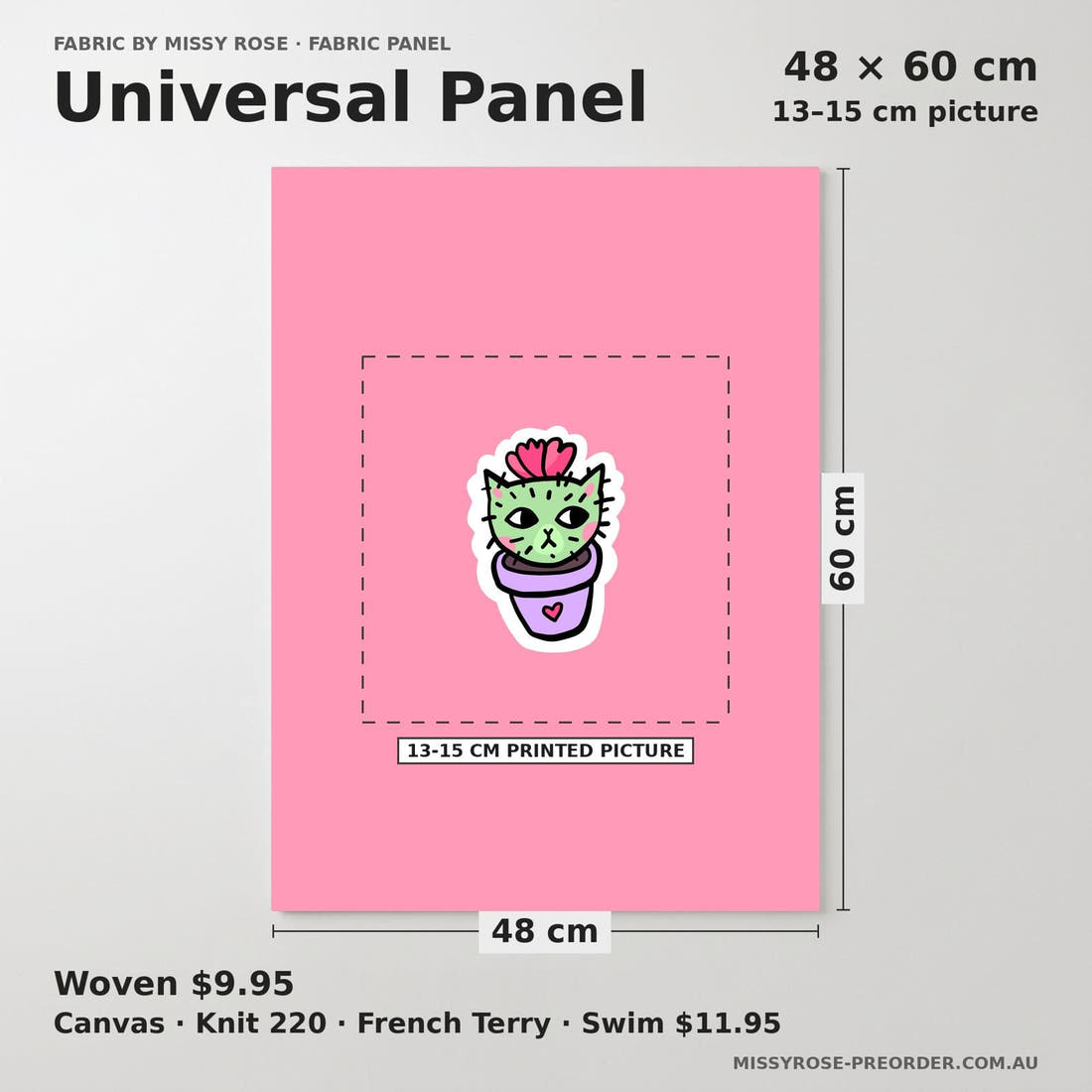 Design 423 Cactus Cat Panel universal panel sizing – 13–15 cm printed picture on 48 × 60 cm fabric | Fabric by Missy Rose