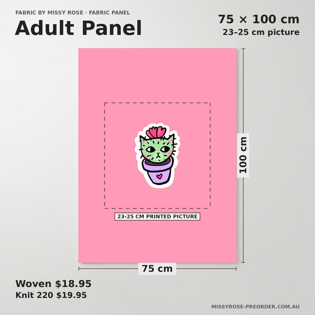 Design 423 Cactus Cat Panel adult panel sizing – 23–25 cm printed picture on 75 × 100 cm fabric | Fabric by Missy Rose