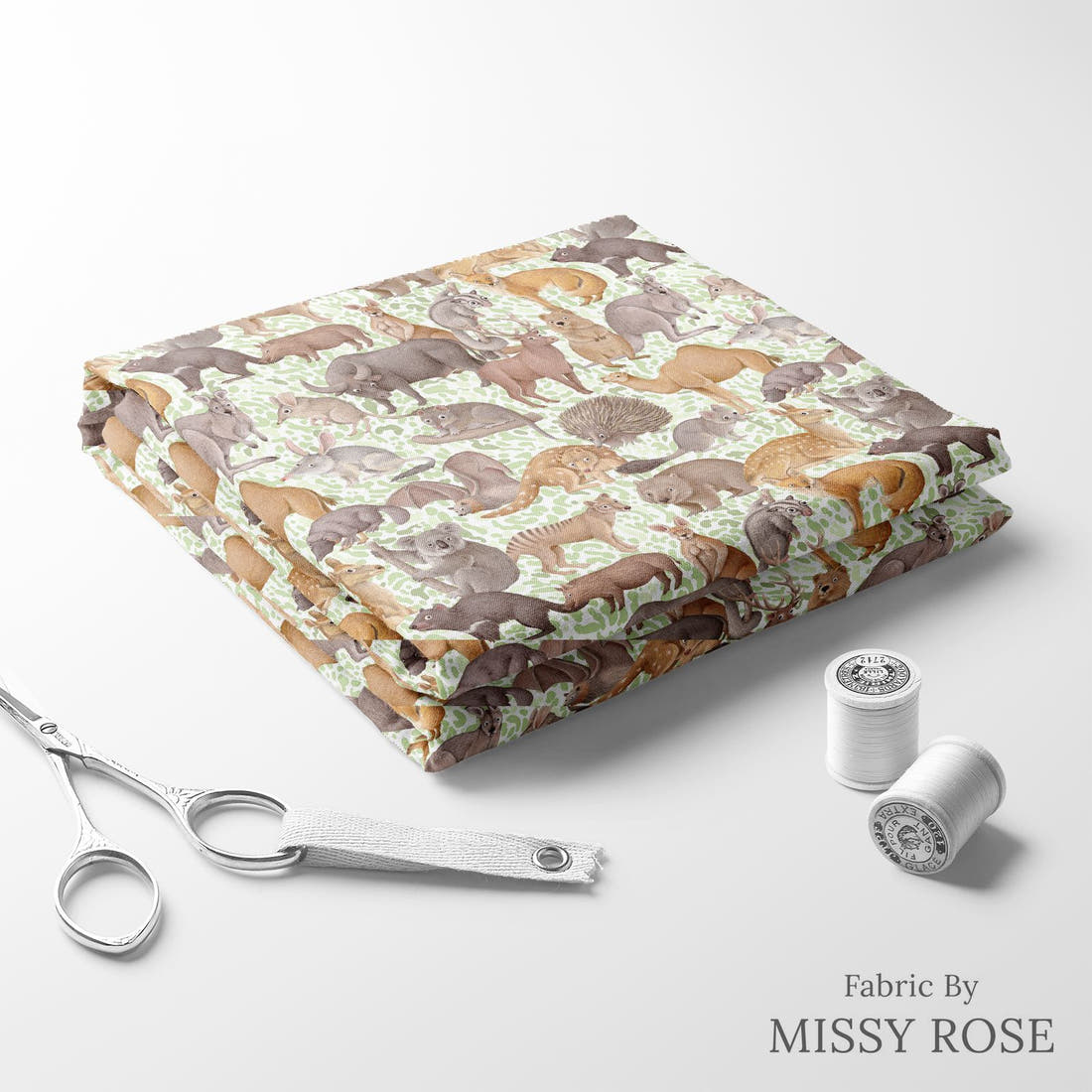 Design 424 Australian Animals Fabric folded fabric stack with matching thread – pre-order fabric Australia | Fabric by Missy Rose