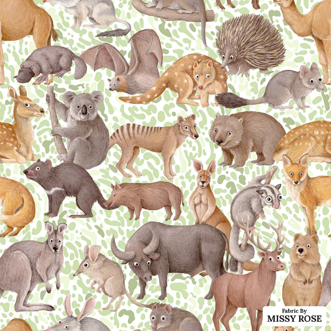Design 424 Australian Animals Fabric - flat view of the print, zoom in for detail | Fabric by Missy Rose