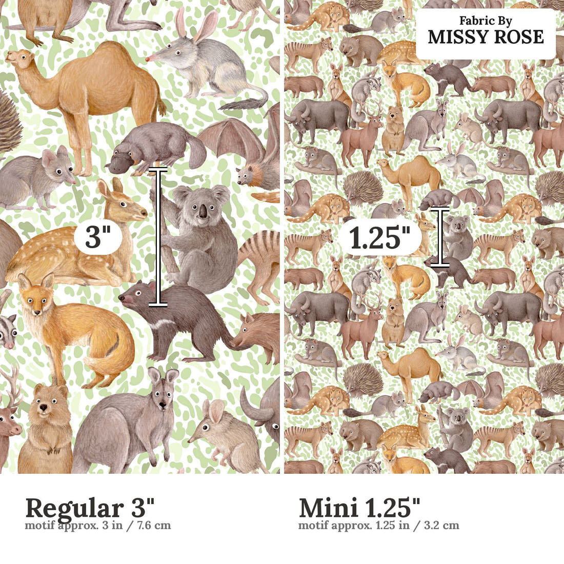 Design 424 Australian Animals Fabric size comparison - print scale | Fabric by Missy Rose