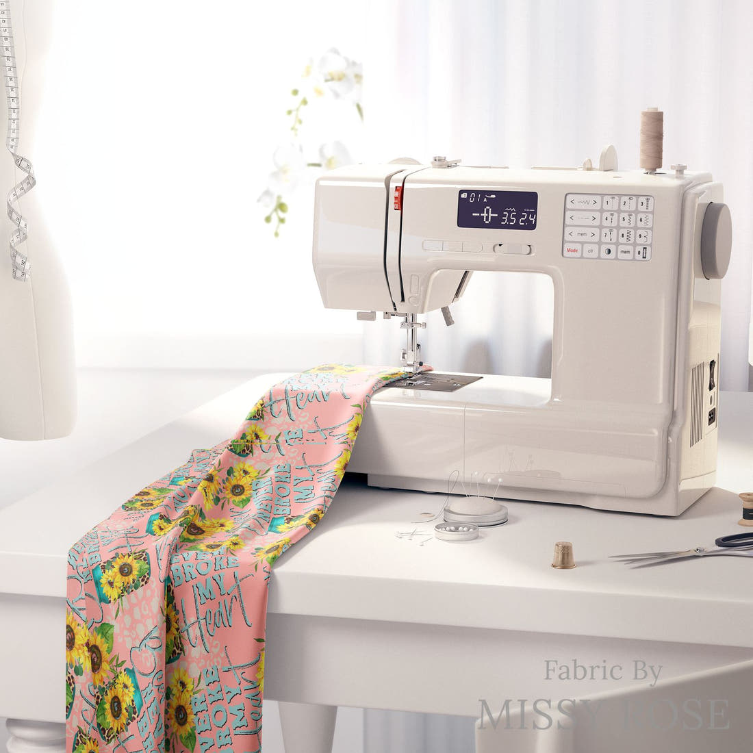 Design 425 Pink Beer Fabric on a sewing machine – premium fabric for sewing projects | Fabric by Missy Rose