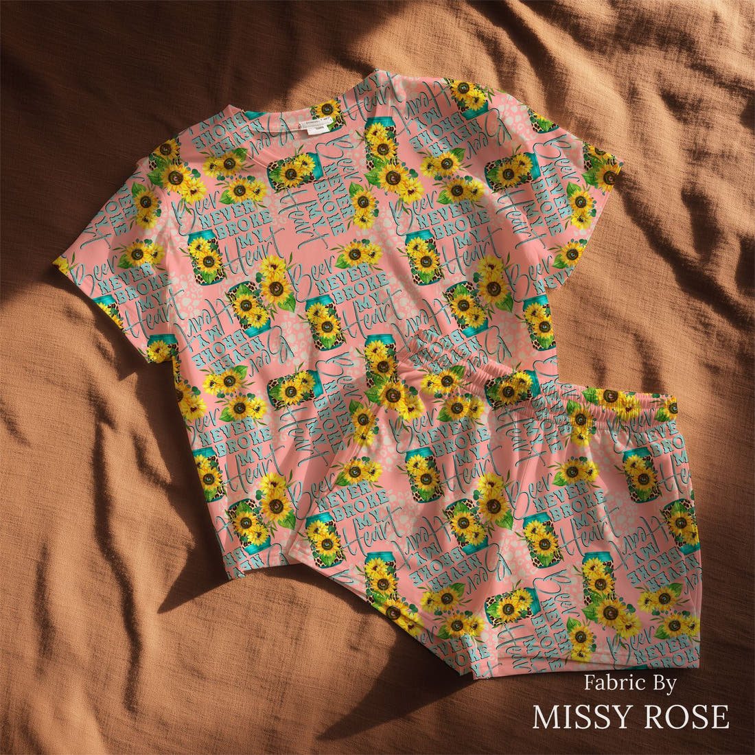 Design 425 Pink Beer Fabric sewn into a lounge set – see how the print looks made up | Fabric by Missy Rose