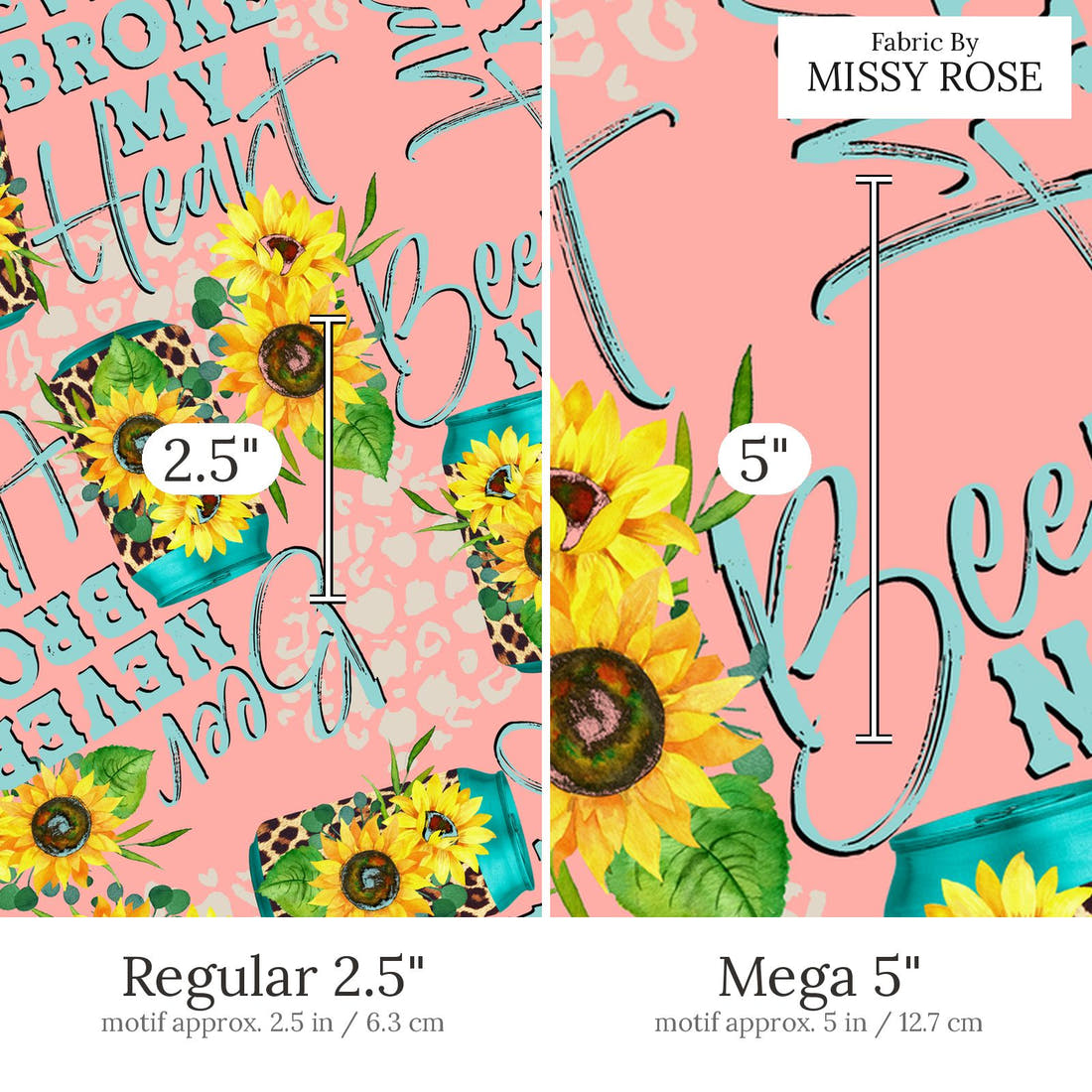 Design 425 Pink Beer Fabric Regular 2.5 inch vs Mega 5 inch print scale side by side | Fabric by Missy Rose