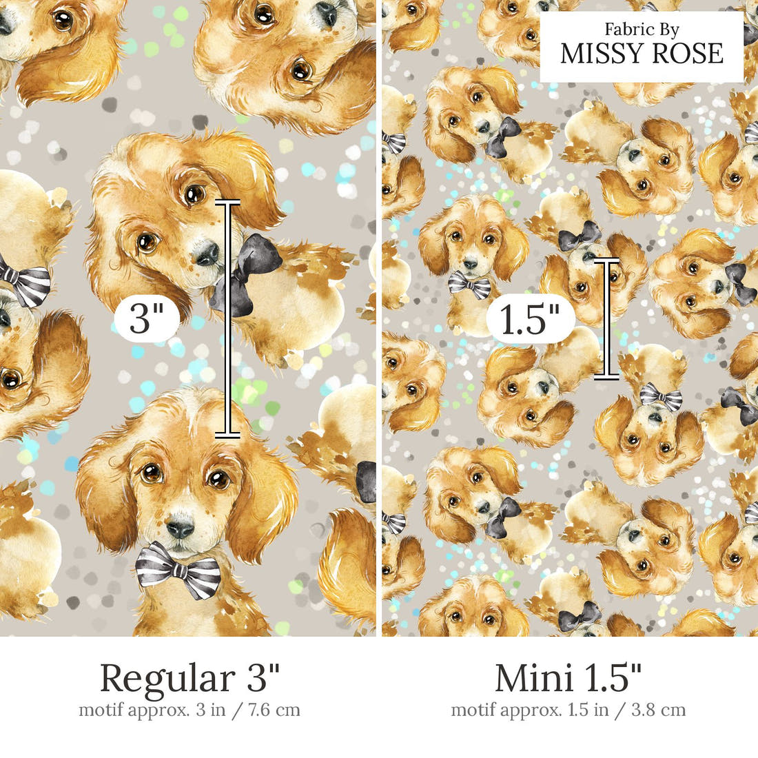 Design 426 Grey Dogs Fabric Regular 3 inch vs Mini 1.5 inch print scale side by side | Fabric by Missy Rose