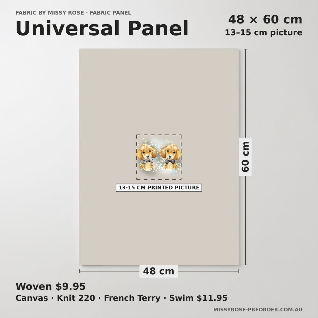 Design 426 Grey Dogs Panel universal panel sizing – 13–15 cm printed picture on 48 × 60 cm fabric | Fabric by Missy Rose