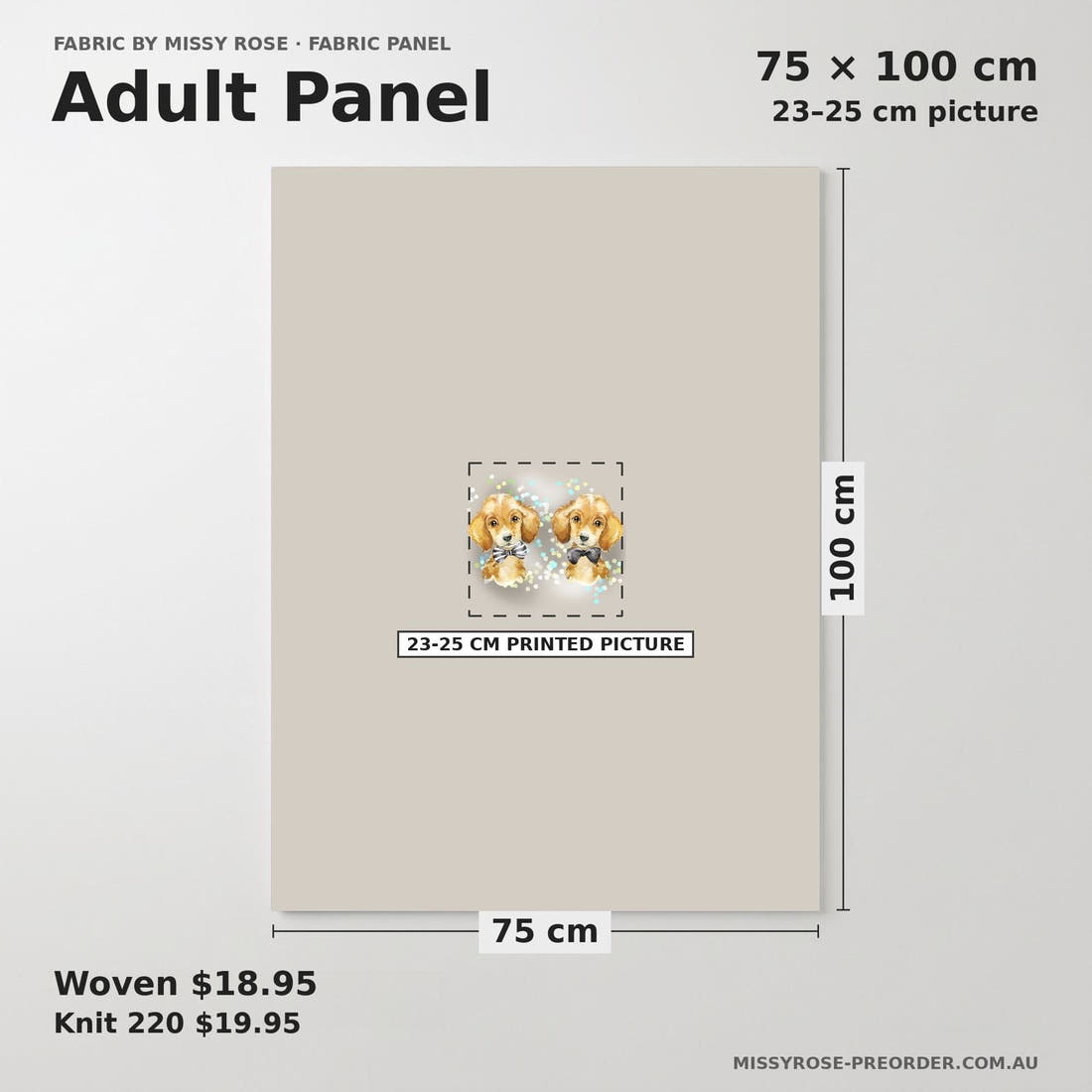 Design 426 Grey Dogs Panel adult panel sizing – 23–25 cm printed picture on 75 × 100 cm fabric | Fabric by Missy Rose