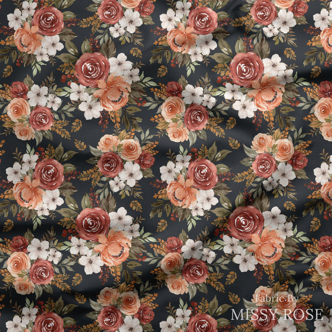 Design 427 Rustic Floral Fabric draped fabric mockup – custom printed fabric by the metre | Fabric by Missy Rose