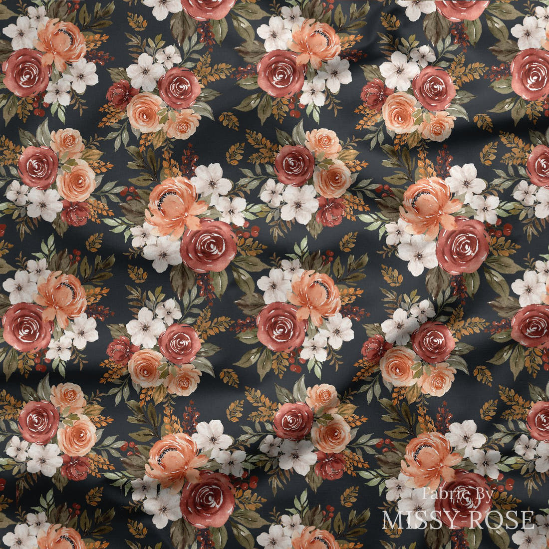 Design 427 Rustic Floral Fabric draped fabric mockup – custom printed fabric by the metre | Fabric by Missy Rose