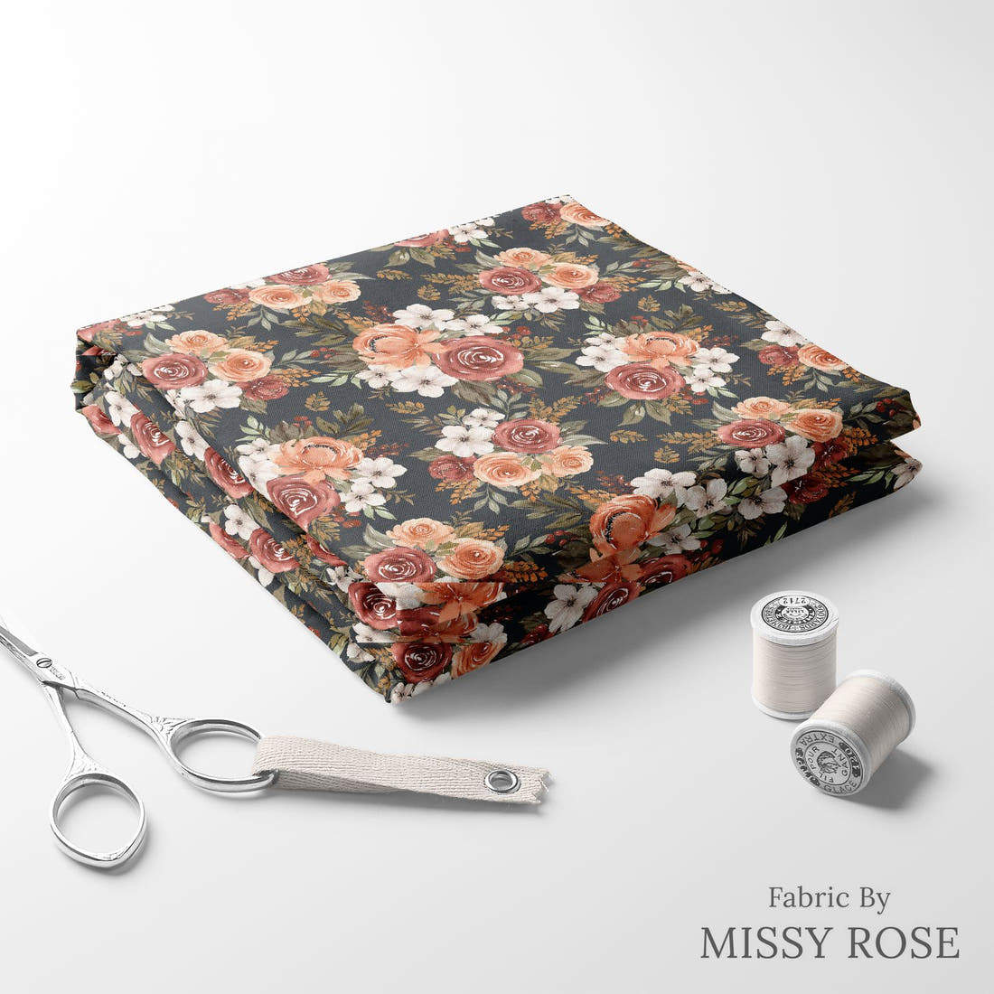 Design 427 Rustic Floral Fabric folded fabric stack with matching thread – pre-order fabric Australia | Fabric by Missy Rose