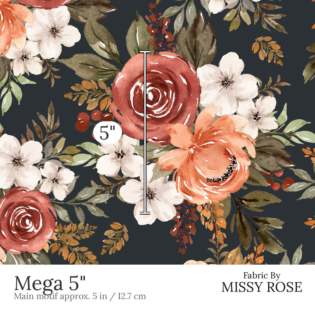 Design 427 Rustic Floral Fabric Mega 5 inch print scale guide | Fabric by Missy Rose