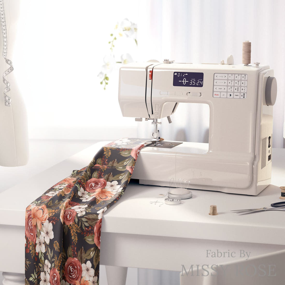 Design 427 Rustic Floral Fabric on a sewing machine – premium fabric for sewing projects | Fabric by Missy Rose