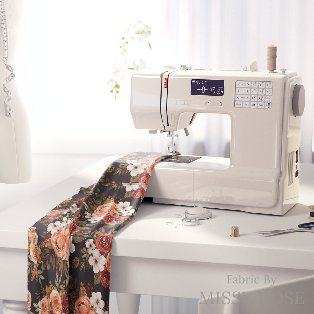 Design 427 Rustic Floral Fabric on a sewing machine – premium fabric for sewing projects | Fabric by Missy Rose