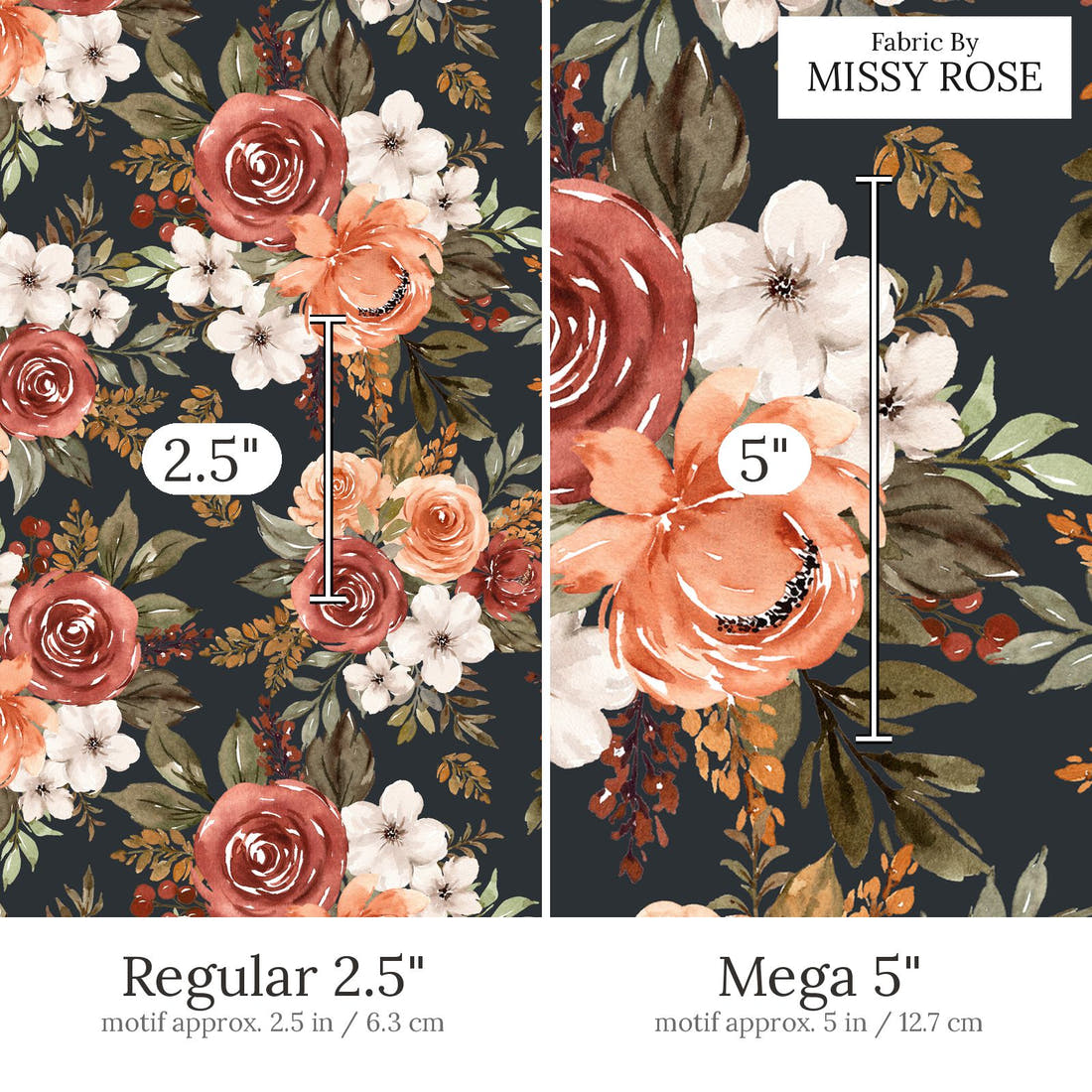 Design 427 Rustic Floral Fabric Regular 2.5 inch vs Mega 5 inch print scale side by side | Fabric by Missy Rose