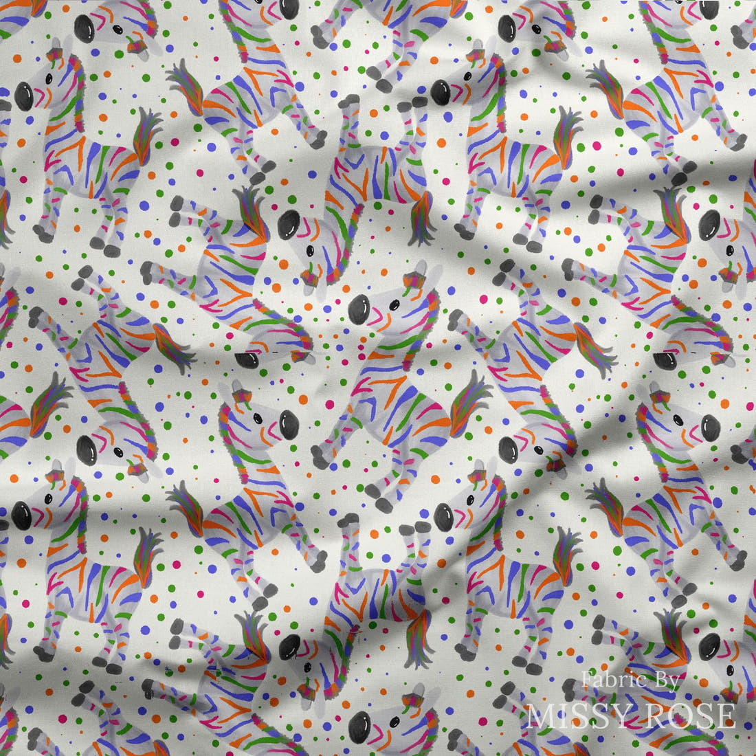 Design 428 Colourful Zebra Fabric draped fabric mockup – custom printed fabric by the metre | Fabric by Missy Rose