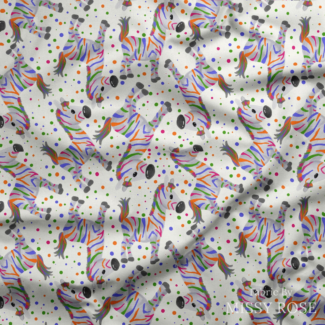 Design 428 Colourful Zebra Fabric draped fabric mockup – custom printed fabric by the metre | Fabric by Missy Rose