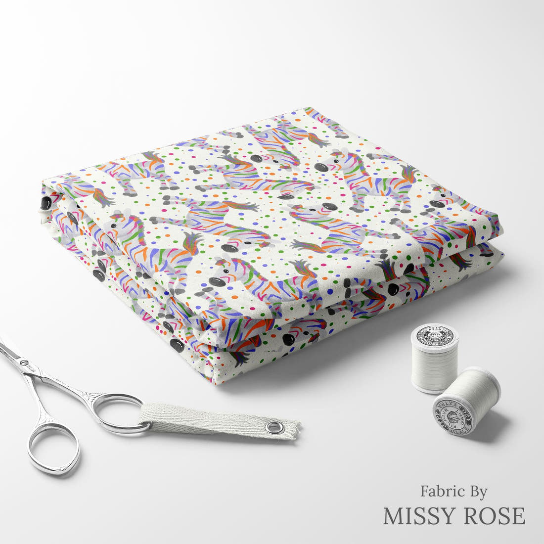 Design 428 Colourful Zebra Fabric folded fabric stack with matching thread – pre-order fabric Australia | Fabric by Missy Rose