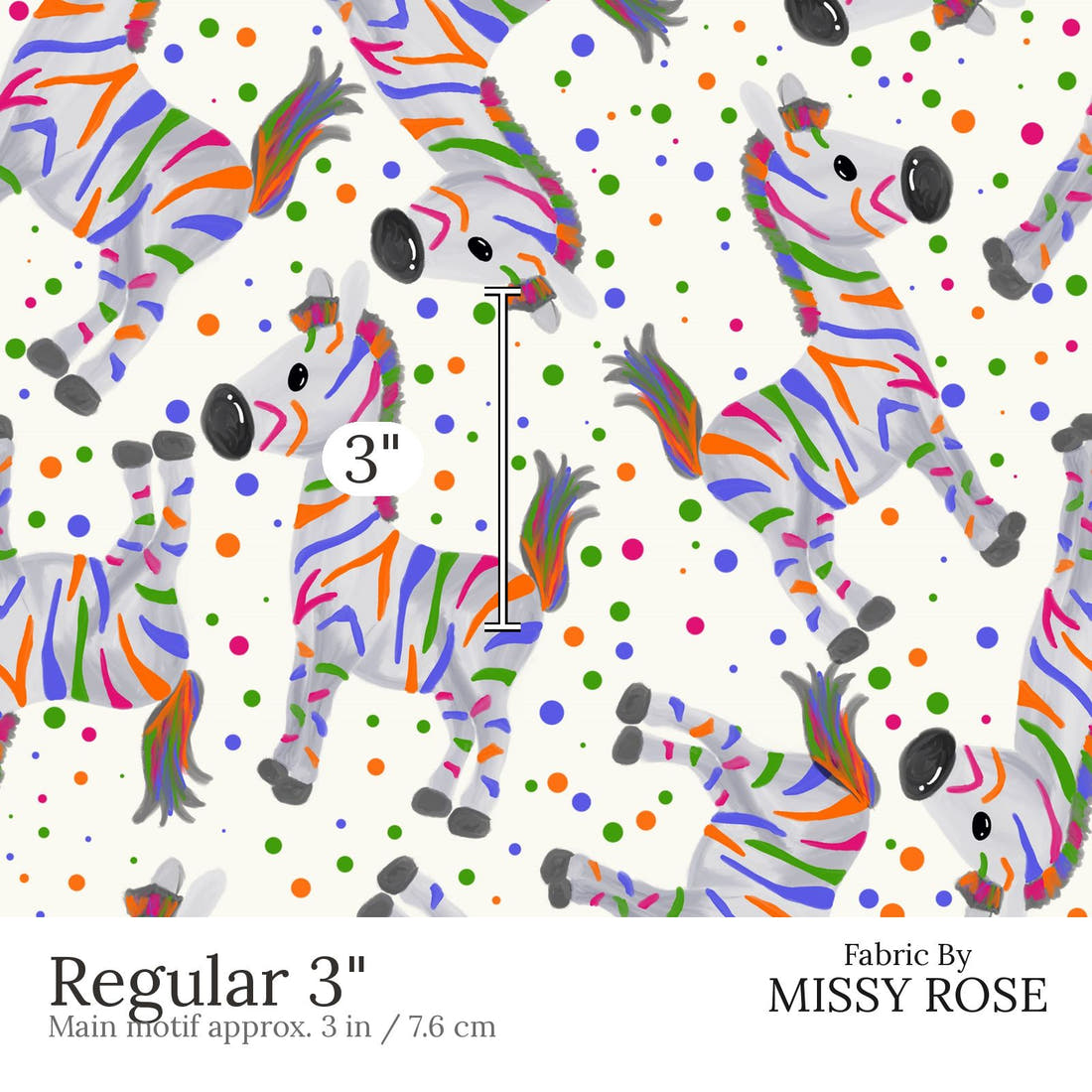 Design 428 Colourful Zebra Fabric Regular 3 inch print scale guide | Fabric by Missy Rose
