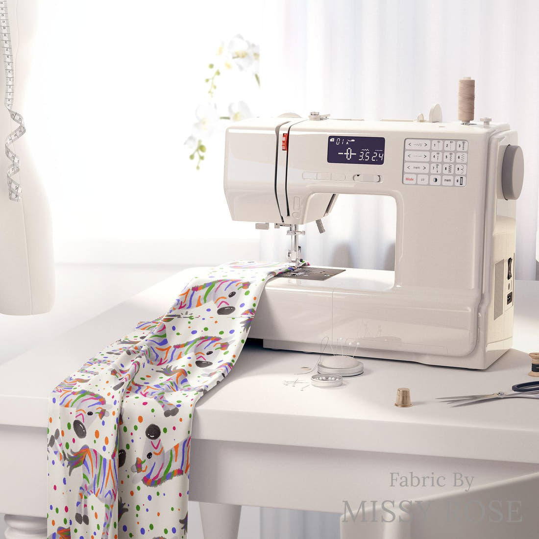Design 428 Colourful Zebra Fabric on a sewing machine – premium fabric for sewing projects | Fabric by Missy Rose