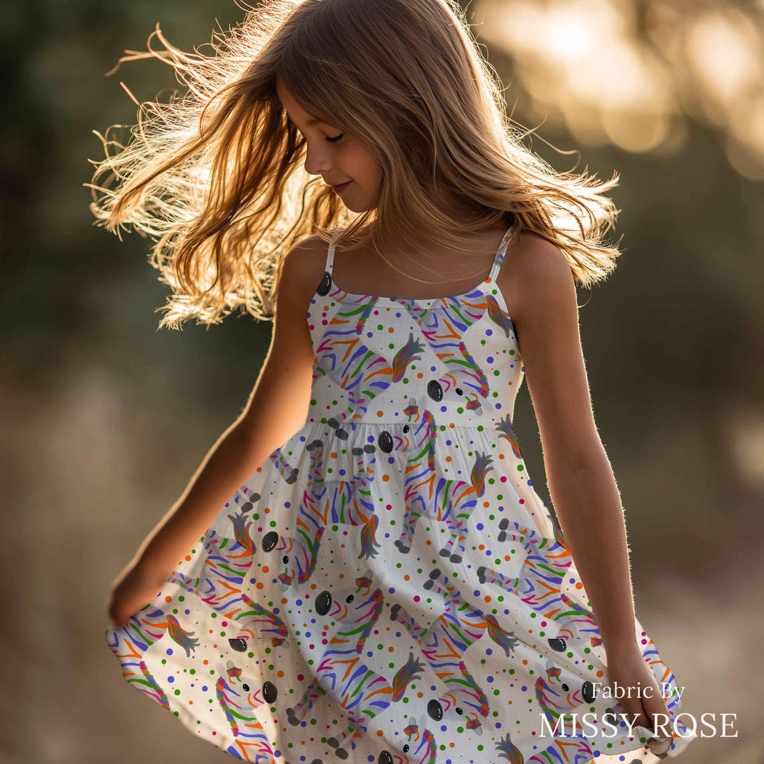 Design 428 Colourful Zebra Fabric sewn into a girls' dress – see how the print looks made up | Fabric by Missy Rose